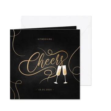Uitnodiging nieuwjaarsborrel met gouden linten en cheers